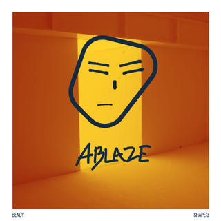 A simple geometric face shape that looks serious and focused on an orange background photo a door opened with a mysterious white light coming out of it